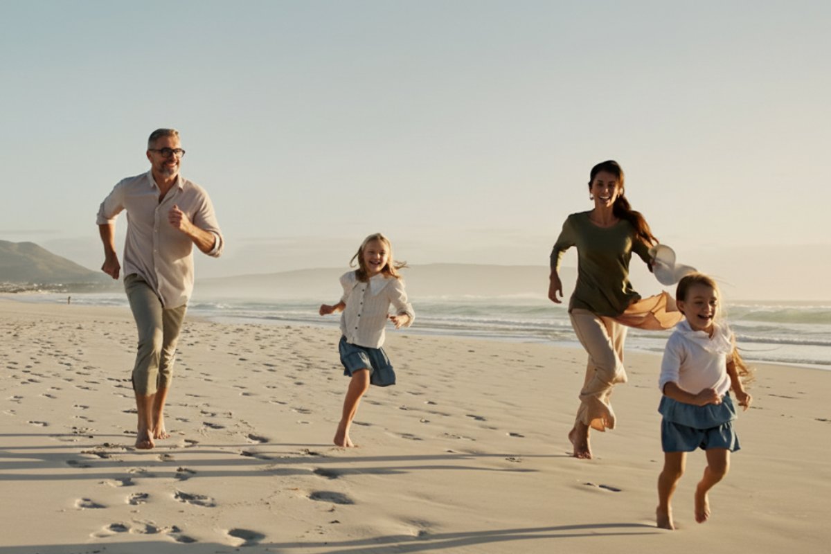 Mamma e papà sorridenti che rincorrono le figlie sulla spiaggia